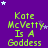 Purple background with green text reading 'Kate McVetty Is A Goddess' repeated in a , surrounded by white and purple stars