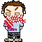 Pixelated character with brown hair, closed eyes, red checkered scarf, light blue shirt with purple text, dark shorts, and brown shoes.
