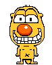 Yellow cartoon character with orange nose and wide grin appears in multiple poses across three