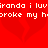 Red background with pixelated white text and faint heart shapes, displaying partial phrases like 'iranda i luviranda i luv' and 'roke my horoke my h'.