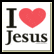 Two side-by-side pixelated icons: left shows 'I' and 'Jesus' text with a red heart symbol, right displays a black fish outline on white backgrounds.