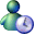 Pixelated green-blue figure with spherical head holds a circular object showing clock hands at 10:10, displayed in four positions