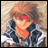 Pixelated anime-style character with brown hair and red eye covering, wearing a dark jacket with light stripes, positioned next to black background with white text.