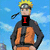 Pixelated character with spiky yellow hair and headband stands against blue sky background, wearing black and orange outfit with hands on hips.
