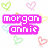 Pixelated pink text names on white background with pastel heart outlines in green, pink, orange, yellow, and blue.