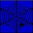 A static pixelated image with a blue and black color scheme, featuring a symmetrical pattern resembling a spider web or abstract geometric design.