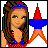 Pixelated cartoon-style icon of a woman with brown hair wearing red and blue clothing, holding a large star-shaped object against a white background.