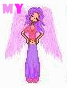 Pixelated angel figure with purple hair and wings, wearing pink top and purple skirt, hands on hips.