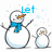 Pixelated snowman and child snowman with blue scarf and orange carrot nose, snowflakes in background, text above changes from 'Let' to 'It' to 'Snow<3'.
