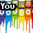 six showing a rainbow-colored shape with dripping paint effects and text fragments