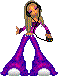 Pixelated avatar of a figure with long blonde hair wearing headphones, purple outfit, and white shoes, holding a small device with colored buttons.