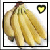 A pixelated bunch of yellow bananas with brown stems in a black frame, accompanied by a heart-shaped icon that changes color.