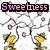 Pixelated image with pink text 'Sweetness' on black bar above abstract gray lines and scattered pink dots, two yellow flower-like shapes at bottom.
