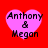 Four identical pink heart-shaped icons with black text "Anthony & Megan" on a solid red background, arranged in a