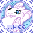 Animated contact sheet of a white cartoon rabbit with blue eyes in a circular frame, showing eight distinct facial expressions and mouth positions against a light blue snowflake-patterned background with the text "WHEE" below each frame.
