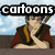 Pixelated cartoon character in red and brown robe with yellow trim, seated at table, holding hand to chin, with sword on back, against blue sky background.