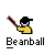 Pixelated character in yellow shirt and black cap holding brown bat, with red-and-white ball icon; text "Beanball" below each frame.