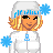 Pixelated character in white winter outfit with blue snowflake accents and a gray beanie, set against red background with green text.
