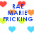 Pixelated text reads 'RAE MARIE FRICKING BUNCHES' and 'LOVES YOU' surrounded by red, orange, green, and blue heart shapes on a white background.