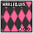 Pixelated icon with 'HARLEQUIN.' text above a pink and black diamond pattern, featuring three small symbols at the bottom that shift position across frames.