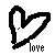 Black pixelated heart outline with a diagonal line through it and the word 'love' below, all on white background.