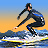 Pixelated surfer in dark wetsuit with blue accents rides a wave under gradient sky, arms extended for balance.