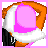 Pixelated character with orange skin and long black hair in pink and white outfit, animated pose changes with text variations.