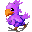 A 4-frame pixel art animation of a purple bird with an orange beak and brown feet, shown in different poses on a gray background.