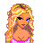 Pixel art buddy icon featuring a blonde cartoon woman on left and pink promotional text/logo on right, displayed as contact sheet with two frames.