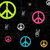 A static image of multiple peace sign icons in various colors against a black background with scattered small shapes.
