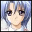 A 48x48 pixel buddy icon featuring a split composition with an anime-style character on the left and text elements on the right against a black background.