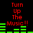 Red text 'Turn Up The Music!!' appears above green audio equalizer bars on a black background, with two identical static frames showing different bar patterns.
