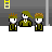 Pixel art animation of three characters in green uniforms with brown hair, showing sequential dialogue and actions against a gray background with yellow ladders.