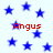 Blue star shapes scattered across a light background with red text reading 'Angus' in four locations.