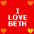 Red background with white text "I LOVE BETH" repeated four times, surrounded by orange and yellow pixelated hearts.