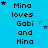 Blue background with repeated text "Mina loves Gabi and Nina" in black pixelated font, scattered star shapes in dark blue and light blue, and a gray rectangular overlay on the bottom right.