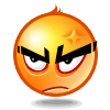 Animated orange emoji with angry expression, black eyebrows, red eyes, and small flame on top, showing subtle movement in shadow beneath.