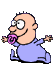 Pixelated cartoon character in light blue onesie with purple pacifier, shown in two poses against gray background.