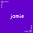 Purple background with repeated white pixelated text 'jamie' and alternating star-and-dot patterns in white and purple.