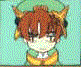 Animated chibi character with brown hair, green headpiece, and yellow-green outfit against light blue background.