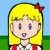 Pixelated cartoon character with blonde hair and red bow, wearing white shirt with red straps, showing two mouth expressions against blue-green background.