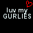 Pixelated text 'luv my GURLIES' with a red heart symbol above, displayed in two identical side-by-side versions on black background.