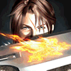 Animated sequence showing Final Fantasy VIII characters and scenes with fiery effects, mechanical structures, and text overlays.