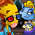 Pixelated image of two cartoon characters: a yellow figure with red eyes and a blue figure with a white eye, both with stylized hair and clothing.