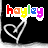Six variations of a pixelated 'hayley' text with rainbow-colored letters above a white heart outline on black background, each showing different letter color arrangements.