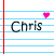 Animated sequence of 'Chris' text on lined paper with pink hearts moving across the frame.