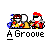 Pixel art animation of two cartoon characters dancing with motion trails, labeled 'A Groove' below.