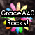 A colorful flower-shaped icon with rainbow petals and a central dark circle, featuring overlaid text reading "GraceA40 Rocks!" in the top-left view.