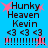 Blue background with black text reading 'Hunky Heaven Kevin' and three '<3' symbols, surrounded by pink starbursts and dotted lines.