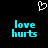 Pixelated cyan text 'love hurts' appears twice on black background with white heart outline above, static display.